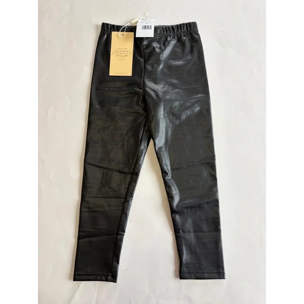 Hannah Banana Girls Black Faux Leather Leggings Size 4 NWT Elastic Waist Pants